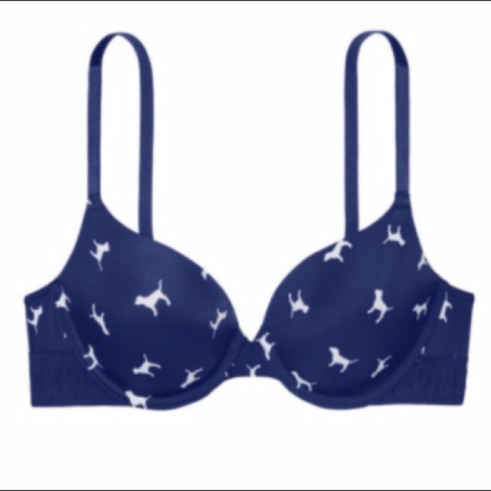 blue bra with white dogs, size 44D, brand Pink